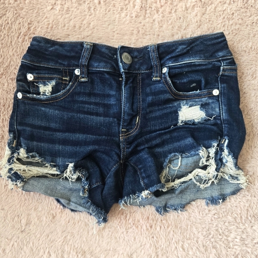 American Eagle Outfitters Dark Blue Distressed Jean Shorts